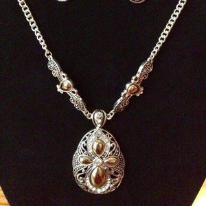 NECKLACE & EARRINGS set silver & gold tone abstract cross  with sparkles NEW